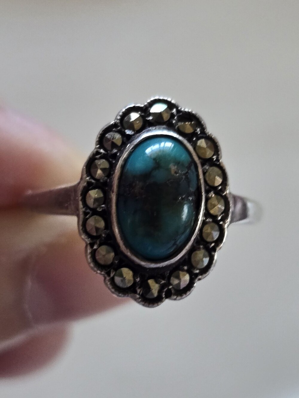 Vintage Sterling Silver Turquoise And Marcasite Ring